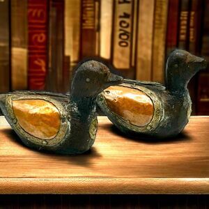 Duck Figure India Handmade Wood Brass/Copper Trim Hand-carved Set Of 2 Vintage
